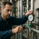 Technik kontroluje tlakový regulátor v priemyselnom prostredí.