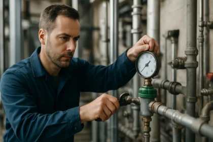 Technik kontroluje tlakový regulátor v priemyselnom prostredí.