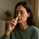 Žena používa nosový sprej s mometazónfuroátom na liečbu alergií.