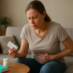 Žena s bolesťami brucha drží tabletky Imodium proti hnačke