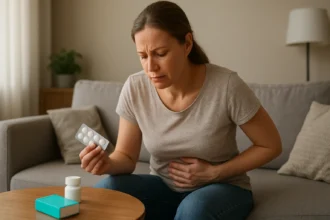Žena s bolesťami brucha drží tabletky Imodium proti hnačke
