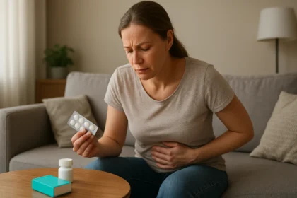 Žena s bolesťami brucha drží tabletky Imodium proti hnačke