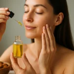 Žena nanášajúca mandľový olej pre krásnu pleť a vlasy.