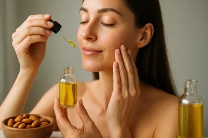 Žena nanášajúca mandľový olej pre krásnu pleť a vlasy.