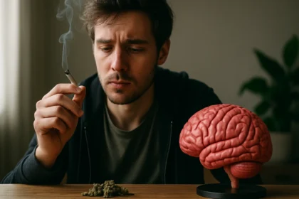 Muž fajčiaci marihuanu pri modely mozgu s výnimočným sústredením