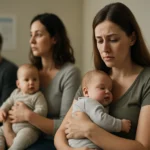 Matky s bábätkami v čakárni, vyjadrujúcimi obavy a frustráciu.
