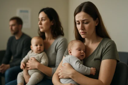 Matky s bábätkami v čakárni, vyjadrujúcimi obavy a frustráciu.