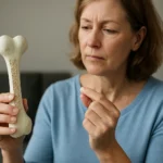 Žena skúma kostnú maketu, symbolizujúcu zdravie kostí a kalcitonín.