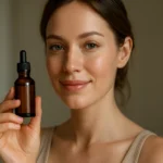 Žena s tmavým kvapkovým skleneným olejom v ruke