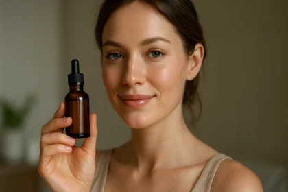 Žena s tmavým kvapkovým skleneným olejom v ruke