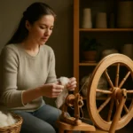 Žena pradiaca na kolovrátku s vlnou v pokoji
