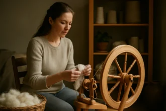 Žena pradiaca na kolovrátku s vlnou v pokoji