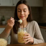 Mladá žena vychutnáva kyslú kapustu z pohára v kuchyni.