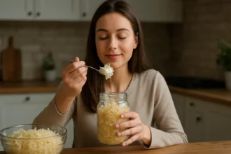 Mladá žena vychutnáva kyslú kapustu z pohára v kuchyni.