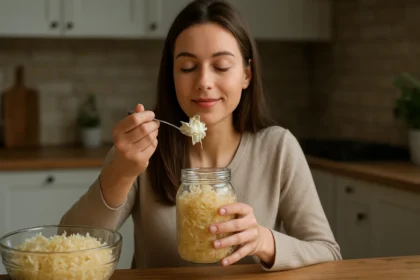 Mladá žena vychutnáva kyslú kapustu z pohára v kuchyni.