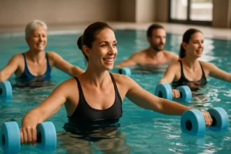 Skupina cvičiacich v bazéne s penovými činkami počas aquafitnessu.
