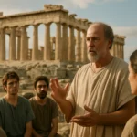 Historická diskusia o aténskej demokracii pred chrámom Parthenon.
