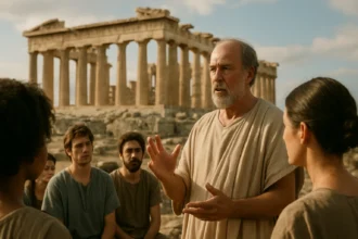 Historická diskusia o aténskej demokracii pred chrámom Parthenon.