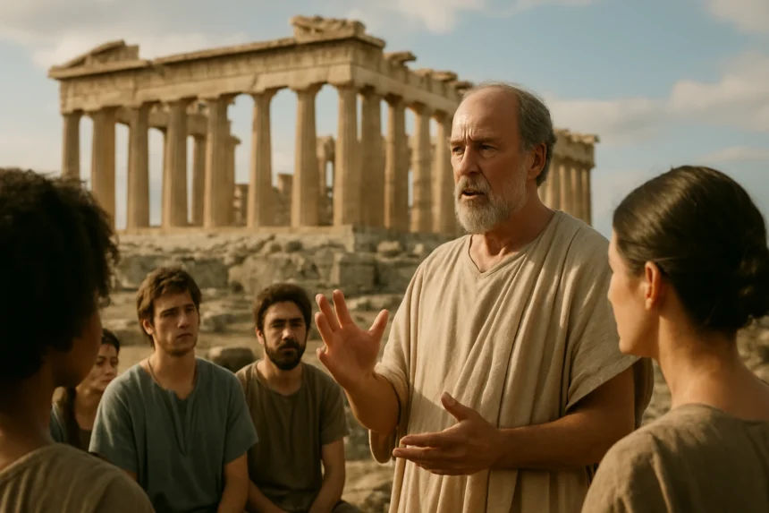Historická diskusia o aténskej demokracii pred chrámom Parthenon.