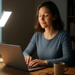 Žena pracuje na notebooku s syntetickým denným svetlom.