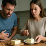 Muž s bolesťou brucha pri pohľade na maslo, žena ho servíruje.