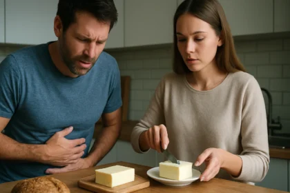 Muž s bolesťou brucha pri pohľade na maslo, žena ho servíruje.