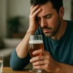 Muž s pohárom piva a starosťami o zdravie