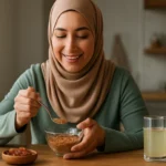 Žena v šatke si vychutnáva jedlo s arabskou gumou.