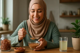 Žena v šatke si vychutnáva jedlo s arabskou gumou.
