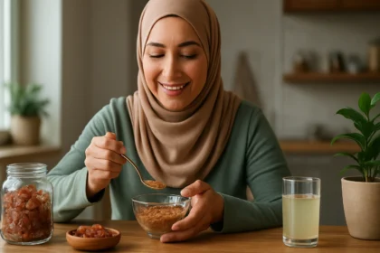 Žena v šatke si vychutnáva jedlo s arabskou gumou.