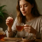 Žena vychutnáva hrnček rebríčkového čaju s bylinkou v ruke.