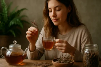 Žena vychutnáva hrnček rebríčkového čaju s bylinkou v ruke.