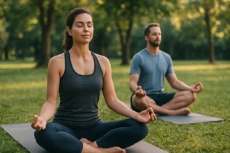 Dvojica ľudí cvičí jogu na zelenej tráve, relaxujú a sústredia sa.