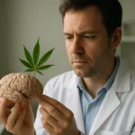 Vedec skúma mozog s listom konope, symbolizujúcim THC.