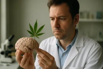 Vedec skúma mozog s listom konope, symbolizujúcim THC.