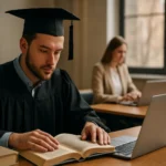 Mladý muž v akademickom úbore študuje pri stole.