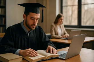 Mladý muž v akademickom úbore študuje pri stole.