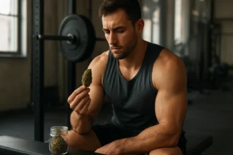 Muž v športe s marihuanou počas tréningu v posilňovni