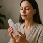 Žena s kryštálom selenitu, symbolom duševného pokoja a energetického čistenia.