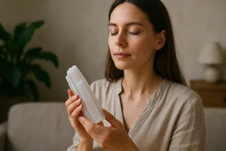 Žena s kryštálom selenitu, symbolom duševného pokoja a energetického čistenia.