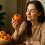 Žena s ovocím Sharon, šťastná a šíriaca pohodu.