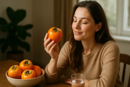 Žena s ovocím Sharon, šťastná a šíriaca pohodu.