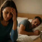 Žena s bolesťou hlavy a hodinami, muž spí na posteli