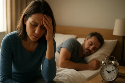 Žena s bolesťou hlavy a hodinami, muž spí na posteli