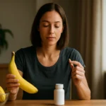 Žena s banánom a doplnkom stravy, znázorňujúca prínosy draslíka.