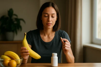 Žena s banánom a doplnkom stravy, znázorňujúca prínosy draslíka.