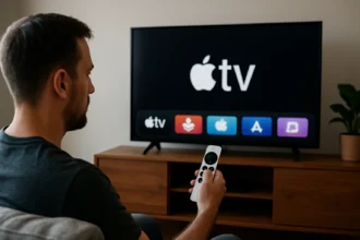 Muž ovládajúci Apple TV pomocou diaľkového ovládania a sledovanie obrazovky.