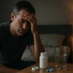 Muž s problémami so zdravím sedí pri stole s liekmi a vodou