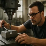 Muž pracuje s frézou na obrábanie kovov v dielni.