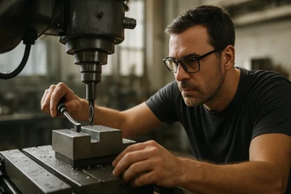 Muž pracuje s frézou na obrábanie kovov v dielni.